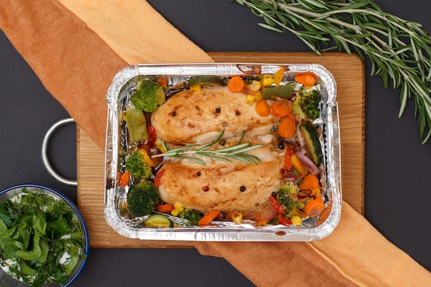 Baked chicken breasts or fillet with vegetables and greens in metal container on a wooden cutting board and kitchen napkin. Glass bowl with sauce and rosemery. Top view.