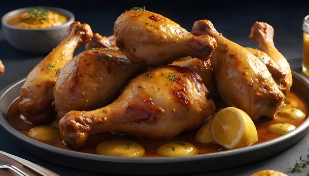 Photo baked chicken drumsticks in honeymustard marinade