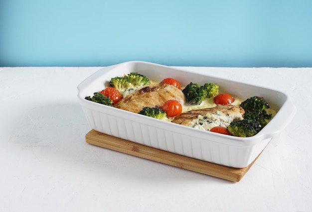 Baked chicken fillet with broccoli and tomatoes in a white form on a blue wall background keto diet ...