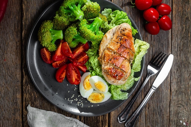 Photo baked chicken fillet with vegetables in a plate