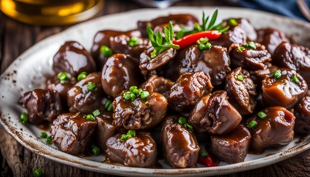 Photo baked chicken hearts and liver with pepper