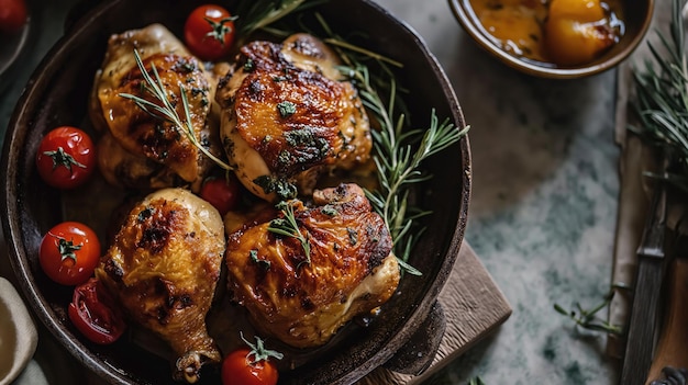 Baked chicken in iron skillet Rustic kitchen background