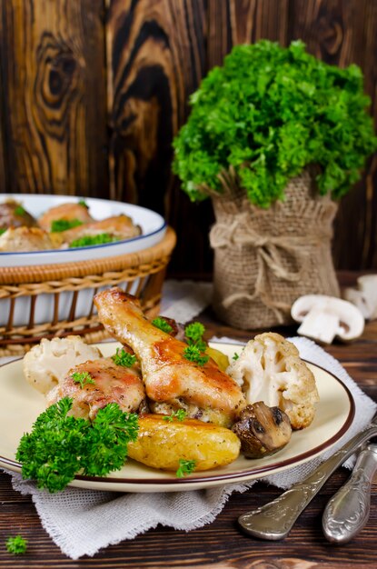 Baked chicken legs with potatoes, champignon and cauliflower