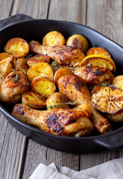 Baked chicken legs with potatoes and lemon Recipe