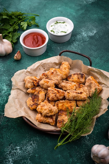 Baked chicken nuggets with sauces on green table