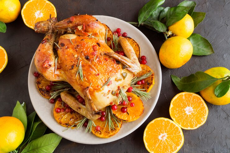 Baked chicken in the oven, festive dish,