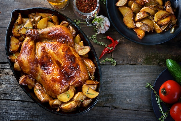 Foto pollo e patate al forno per cena in famiglia