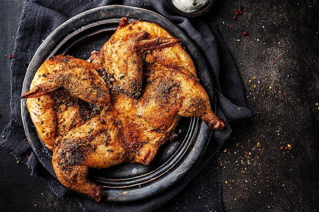 Photo baked chicken tabaka with spices