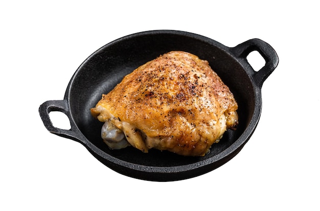 Baked chicken thigh in a pan with rosemary and salt Isolated on white background Top view