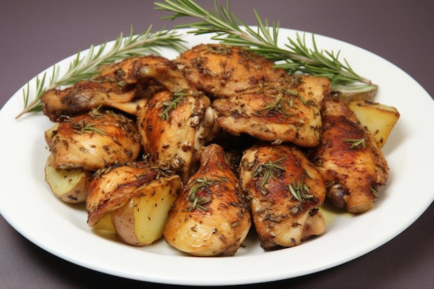 Photo baked chicken thighs with rosemary and garlic ser