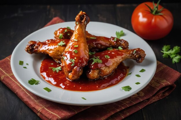 Photo baked chicken wings in the asian style and tomato sauce on plate