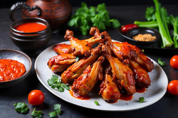 baked chicken wings in the asian style and tomatoes sauce on plate