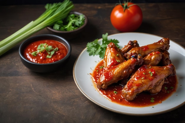사진 아시아 스타일 의 구운  날개 와 접시 에 있는 토마토 소스