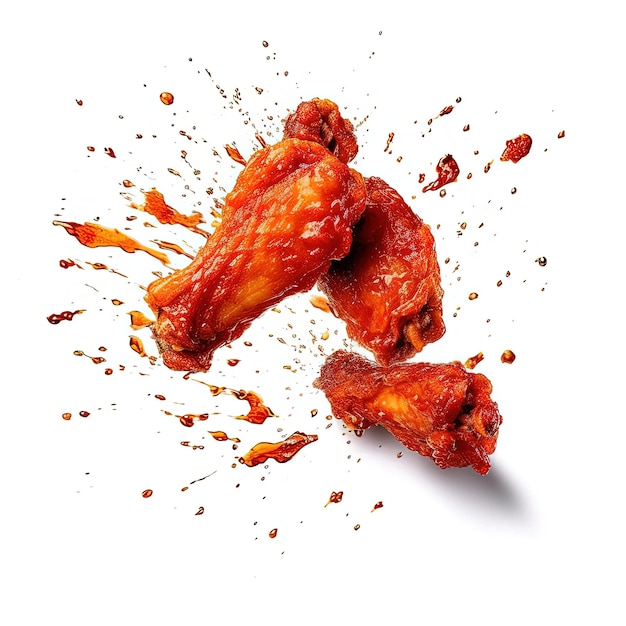 Baked chicken wings with sesame seeds and sweet chili sauce on white background
