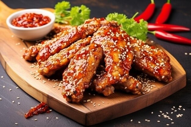 Photo baked chicken wings with sesame seeds and sweet chili sauce on white wooden board