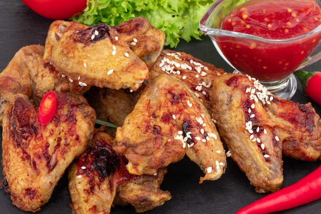 Baked chicken wings with sesame seeds and sweet chili sauce