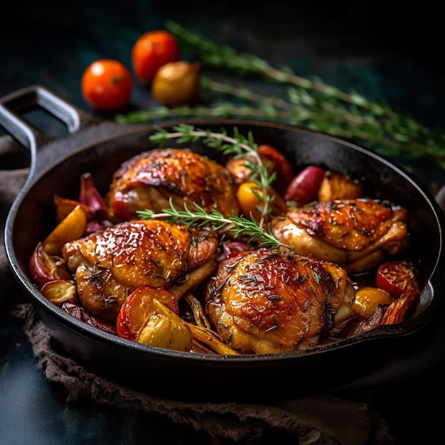 baked chicken with potatoes in a frying pan a festive dish