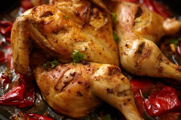 Baked chicken with red pepper harissa sauce