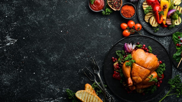 Baked chicken with vegetables and cranberries Festive traditional food Thanksgiving day Top view Free space for your text