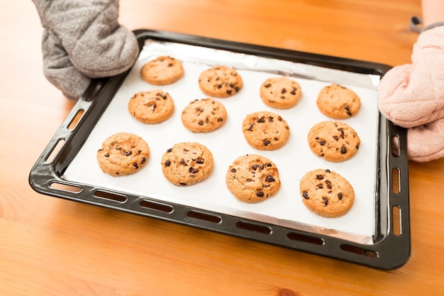 Baked chocolate cookies from oven