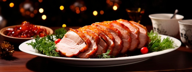 Baked Christmas pork on the table Generative AI Food