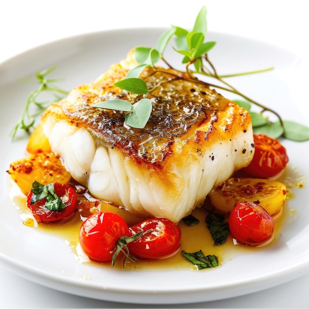 Premium Photo | Baked cod fish fillet with spices herbs and cherry tomatoes  on a dark plate gourmet seafood concept