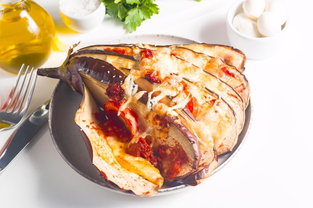 Baked cooked grilled eggplant with mozzarella cheese tomatoes Georgian cuisine