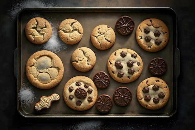 Foto biscotti al forno in forme fantastiche sulla teglia per la cottura