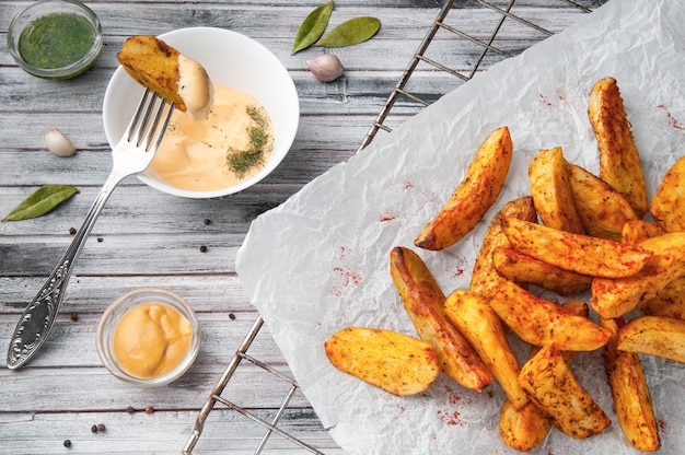 Baked country style potatoes with spicy herbs on white craft paper With cheese sauce mustard and pesto A slice of potatoes on a fork in the sauce Wooden gray background View from above