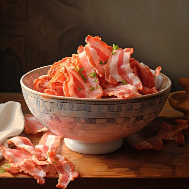 Baked crispy bacon in a bowl dark background Generative AI