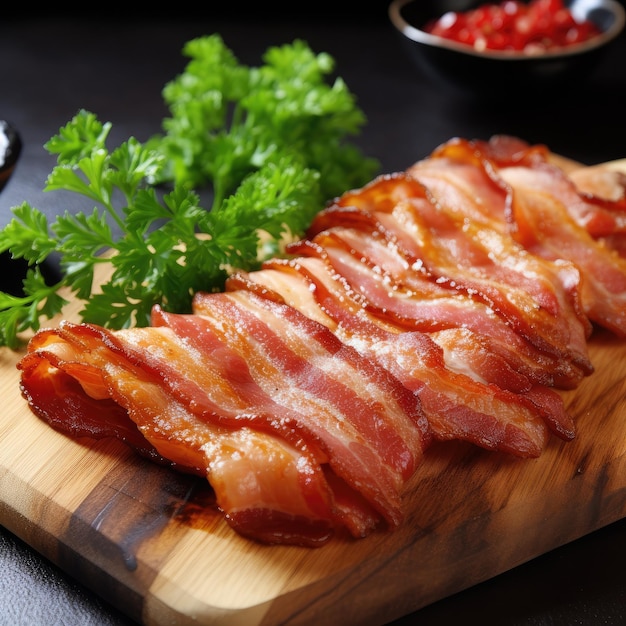 Baked crispy bacon on a wooden board dark background Generative AI