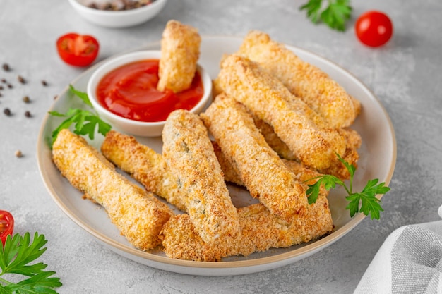 Baked crispy garlic parmesan zucchini sticks served with tomatoes sauce healthy dish Selective focus