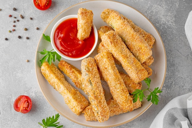 Baked crispy garlic parmesan zucchini sticks served with tomatoes sauce Vegetarian healthy dish