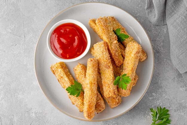 Baked crispy garlic parmesan zucchini sticks served with tomatoes sauce Vegetarian healthy dish