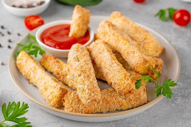 Baked crispy garlic parmesan zucchini sticks served with tomatoes sauce Vegetarian healthy dish