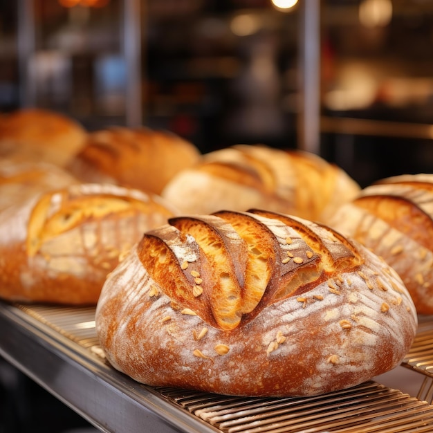 Baked crispy sourdough bread in the oven Bread preparation Generative AI