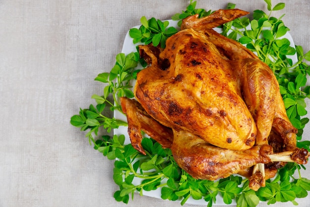 Baked crispy turkey on white plate for Thanksgiving Day or Christmas.