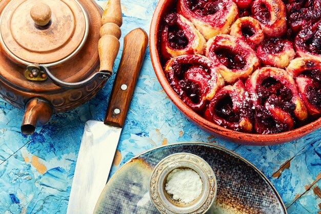 Baked curd pie with cherries