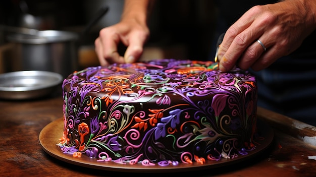 Photo a baked decorated chocolate cake for happy birthday