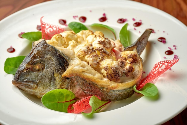 Baked dorado fish with cauliflower and cheese in a white plate on a wooden background