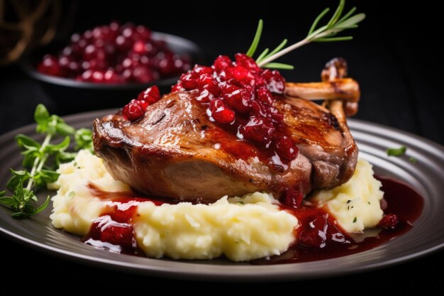 Baked duck leg with mashed potatoes and cranberry sauce