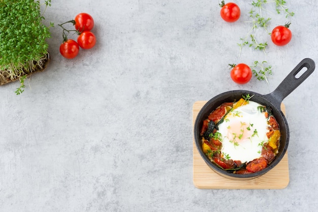 焼き卵と野菜：トマト、ピーマン、ほうれん草、コショウソウ。灰色の背景にフライパンでシャクシューカ。