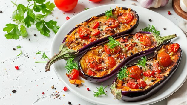 Baked eggplant with tomatoes garlic and paprika on white background Generative Ai