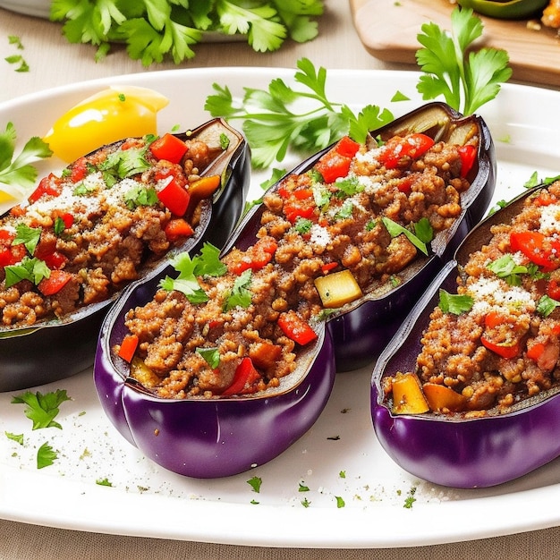 Foto aubergine al forno con pomodori, aglio e paprika