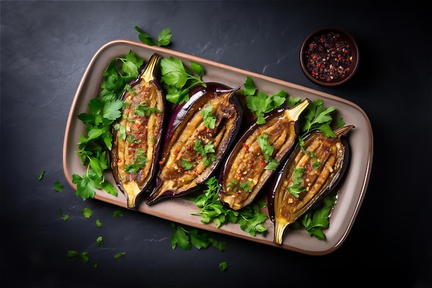 Baked eggplants in a baking dish on a dark table top view