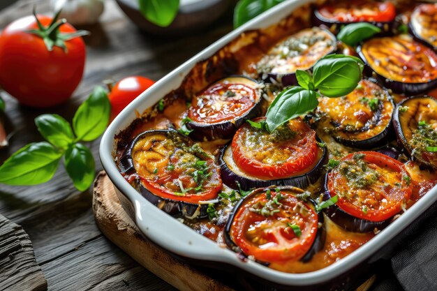 Печенные баклажаны с сыром, помидорами и зеленым соусом Итальянская пармиджана с жареным баклажаном