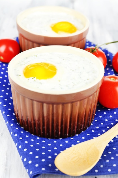 Baked eggs close up