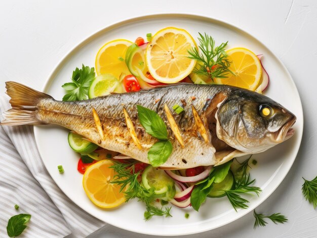 Печенная рыба-дорадо с лимоном и свежим салатом