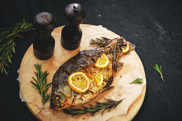 Baked fish in oven with lemon and rosemary laid out cutting board and parchment paperOn dark background with two straws