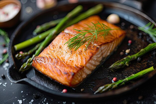 Baked fish with asparagus in the plate